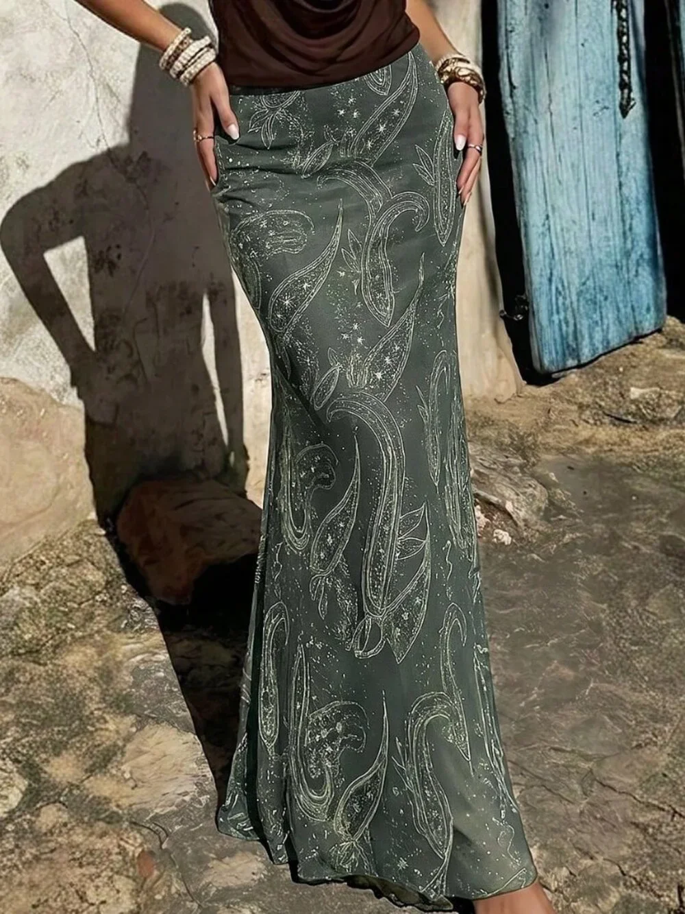 Olive Green Boho Women's Elegant Ruched Low Waist Mermaid Skirt